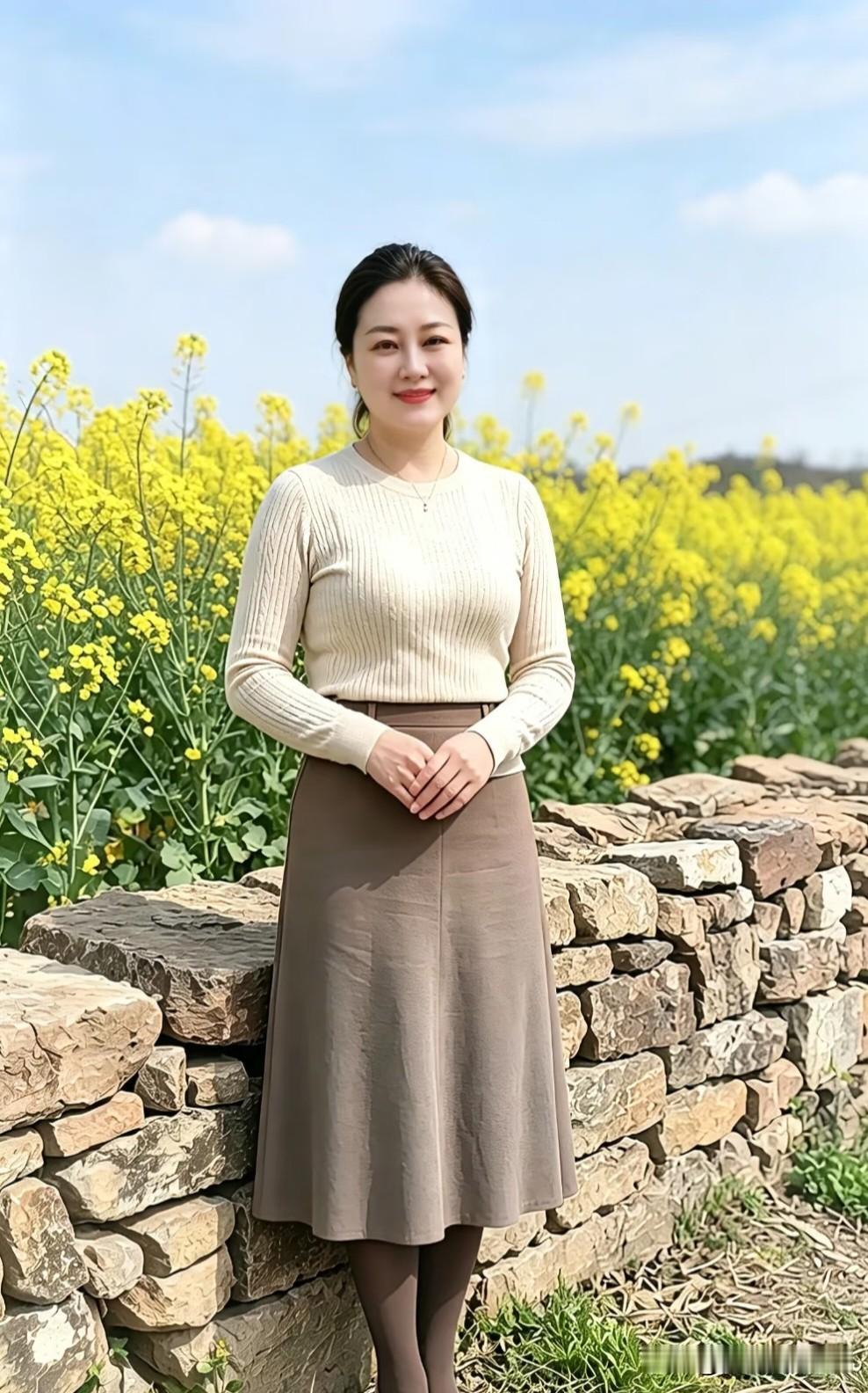 浣溪沙·菜花黄
 
石垒篱边暖日长，一川金浪染春光。
素衣轻褐立晴芳。
笑揽风烟