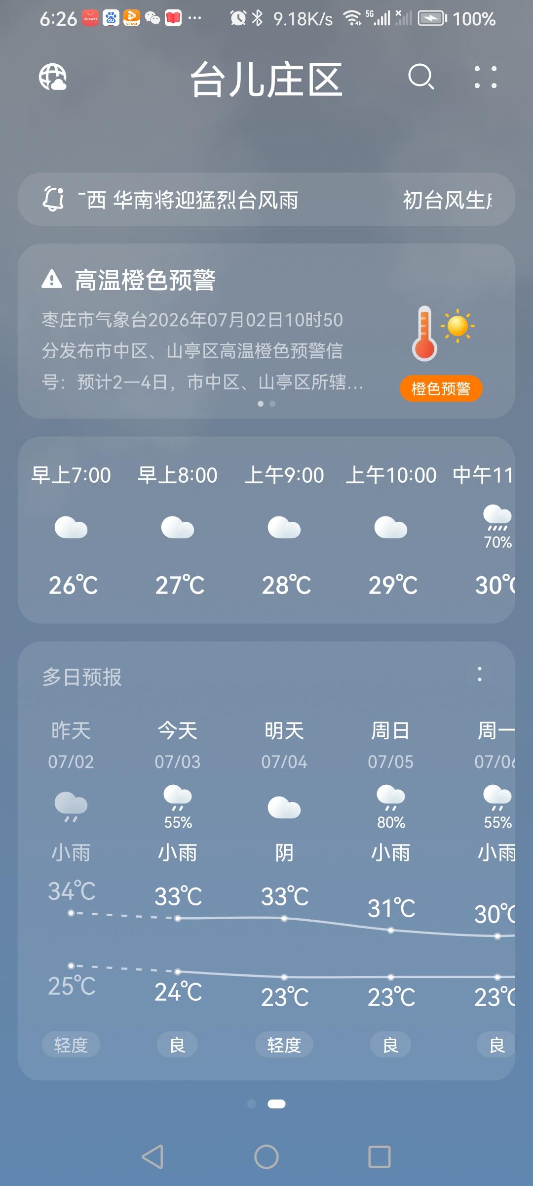“7.3”星期五，天气预报“小雨”☔️。气温24—33。
