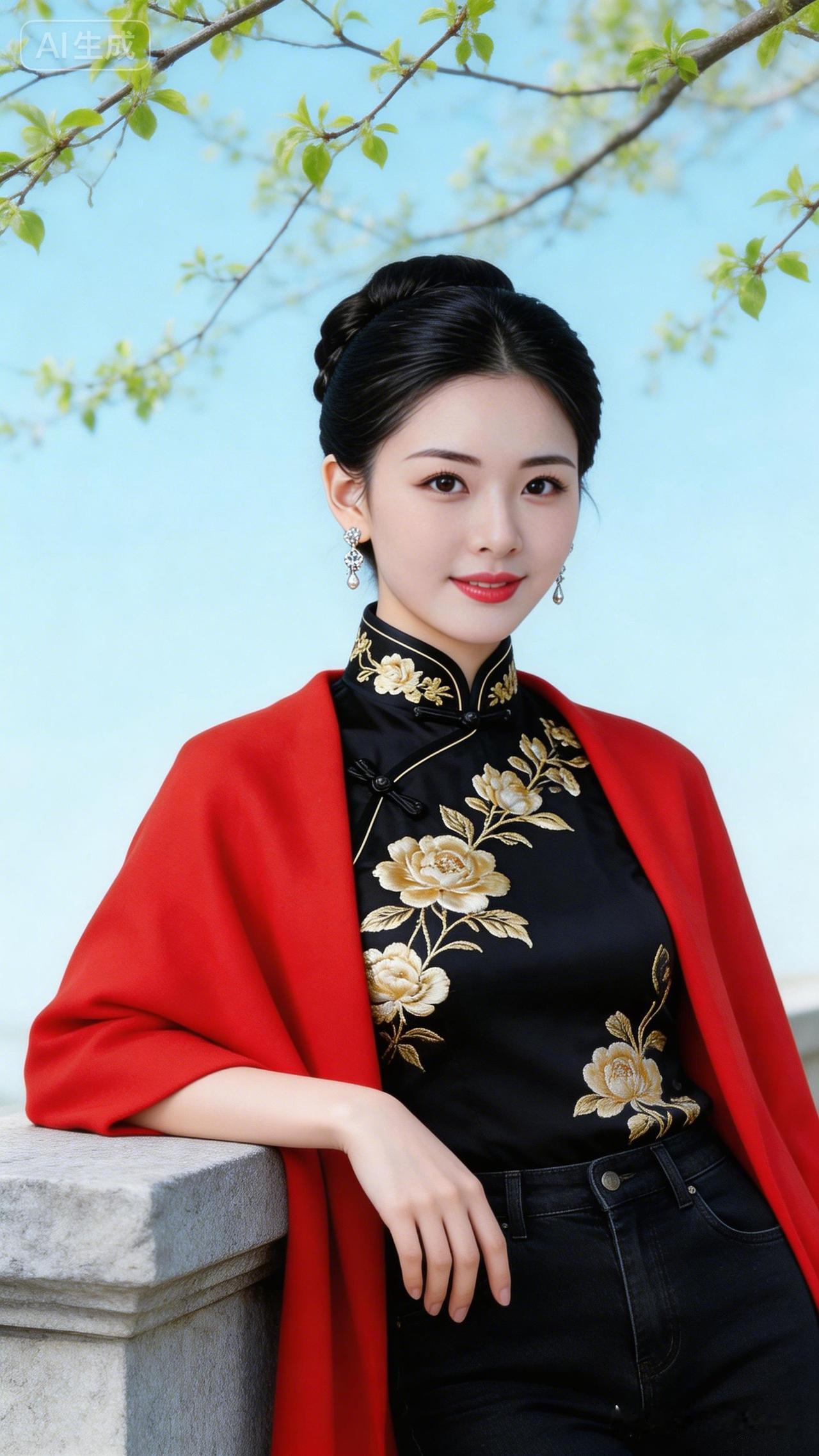 春日清新气息，户外蓝天澄澈，枝头绿意盎然。亚洲美女身着同款上衣与马甲，搭配黑色牛