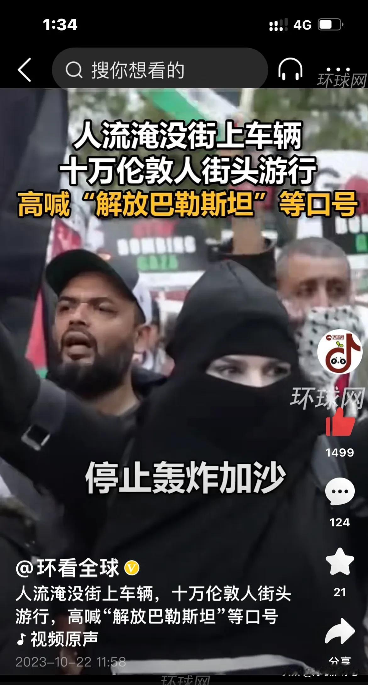 伦敦街头：10万民众游行示威，高喊解放巴勒斯坦，反对以色列恐怖主义国家……

开