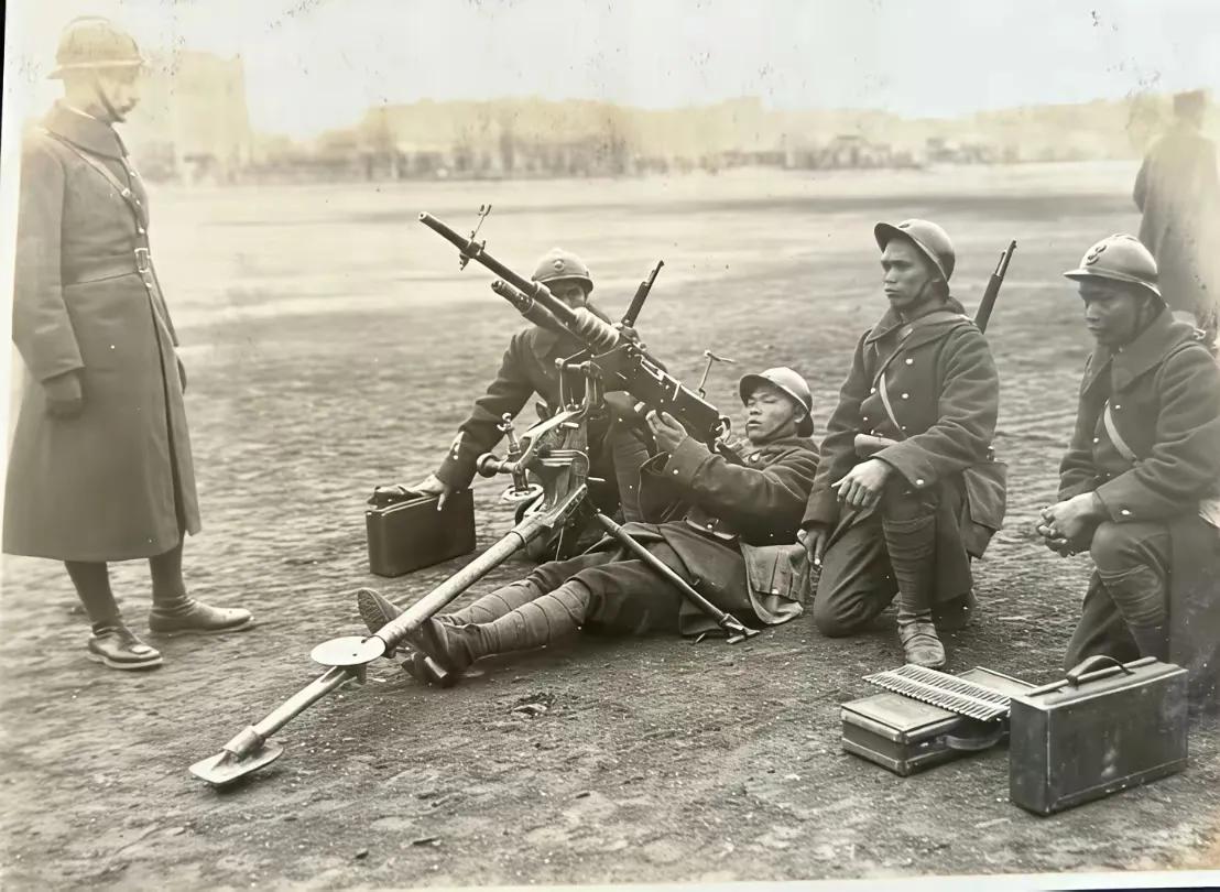 当年这些外国教官训练士兵们如何用机枪打飞机，开展防空演练。当日军飞机来袭，让地面