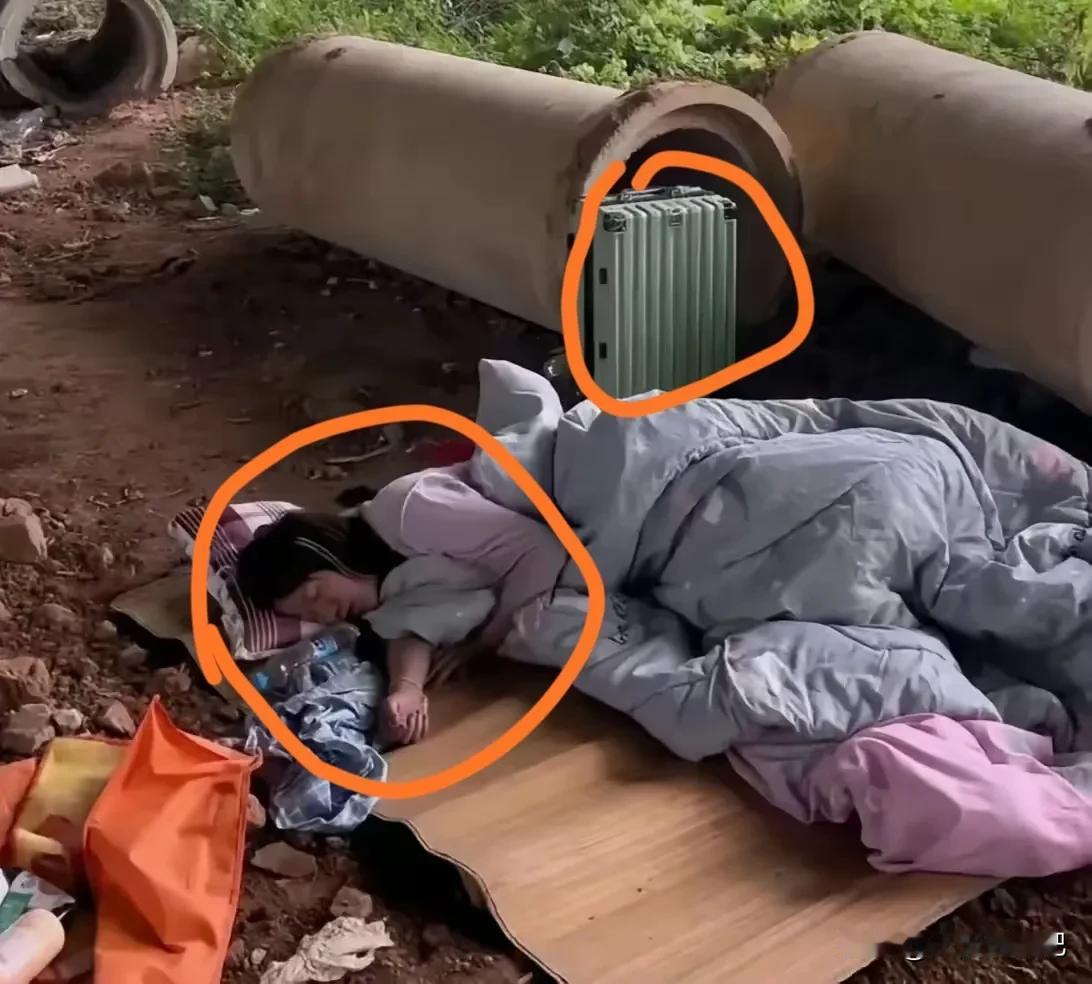 不懂就问，
这女的是真流浪还是假流浪，
一个人睡在荒郊野外，
就不怕危险吗？
