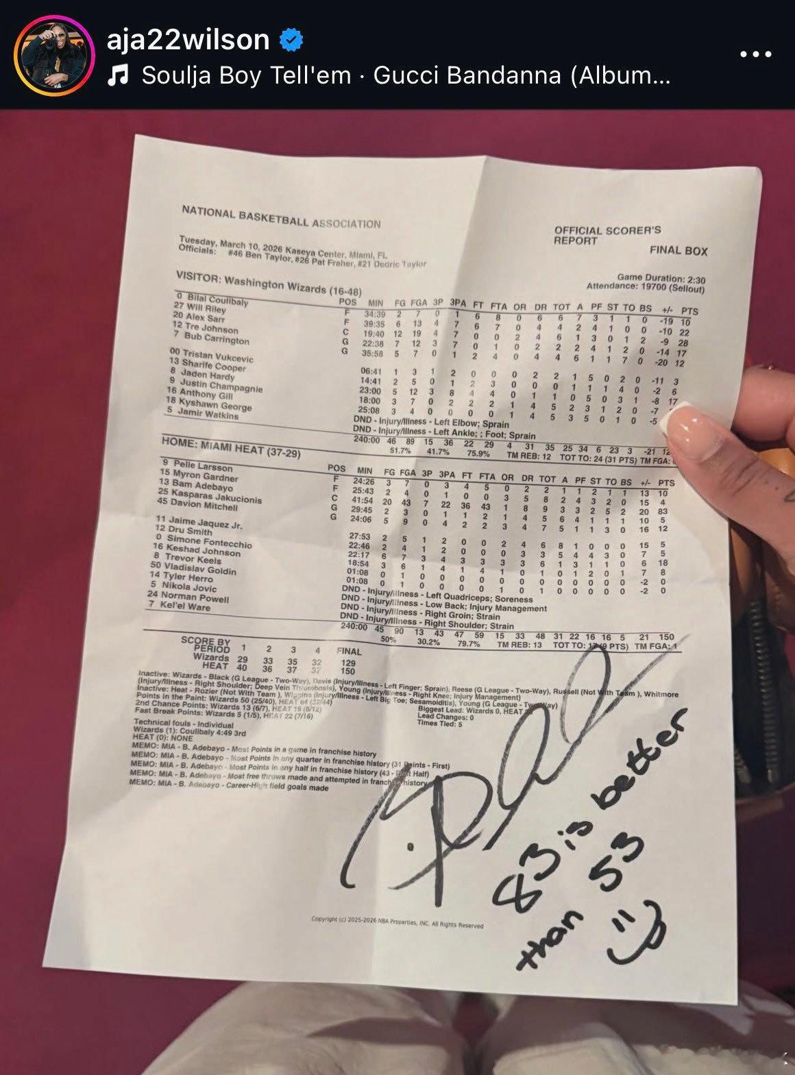 阿德巴约在83分之夜数据统计表上签名：“83 is better than 53