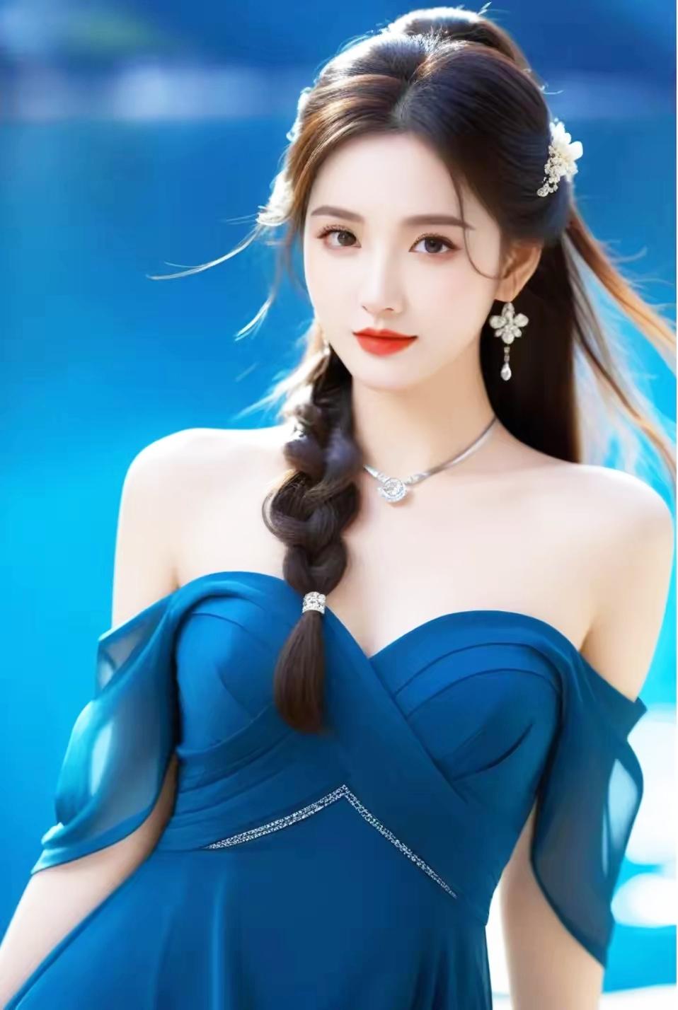 优雅蓝裙，惊艳红唇，梦幻蓝海背景，仙气飘飘！
