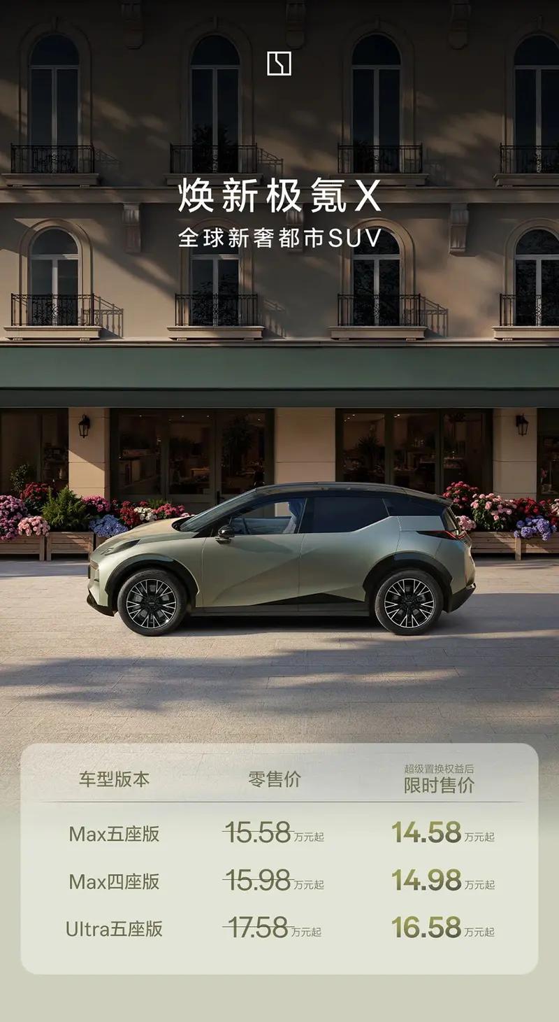焕新极氪X限时售价14.58万起，焕新内容和之前的几位选手差不多，三电升级，3秒