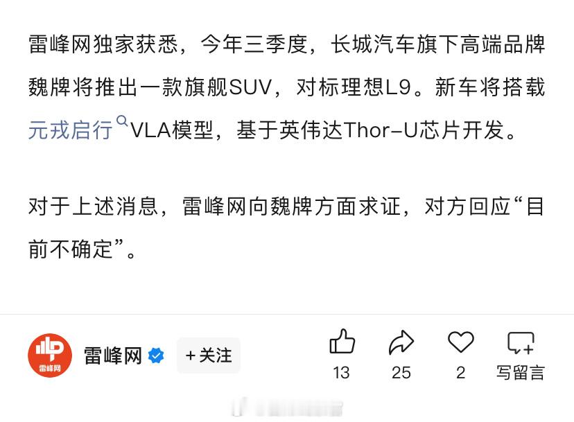 据雷峰网消息，今年三季度，长城汽车旗下高端品牌魏牌将推出一款旗舰 SUV，对标理