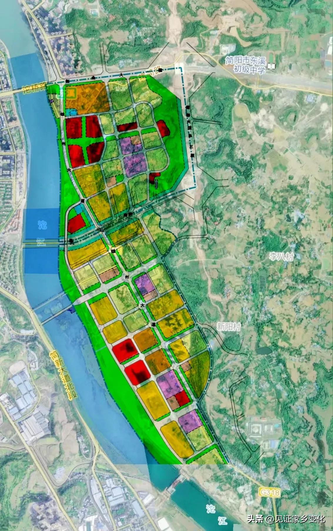 简阳东溪街道放生坝片区详控与卫星地图融合图片。