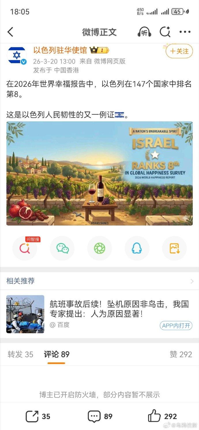 以色列居然说自己是全世界最幸福的国家之一。
然而可笑的是连评论区都不敢开，都不敢