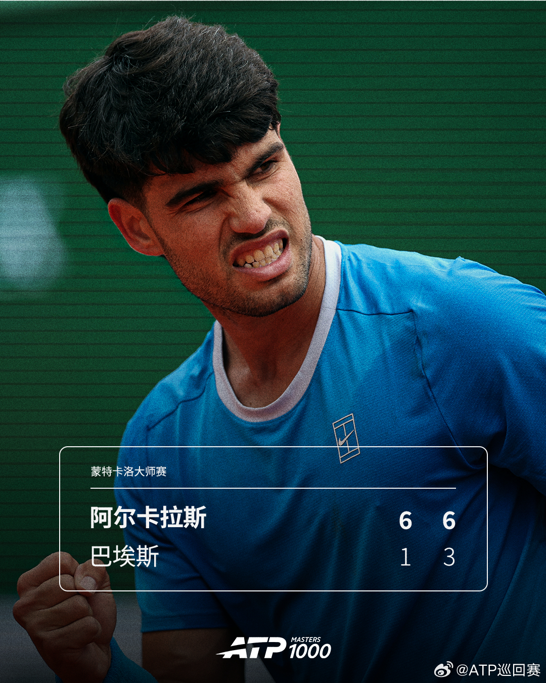 阿尔卡拉斯红土赛季首战告捷🔥ATP1000 蒙特卡洛大师赛第二轮，阿尔卡拉斯以