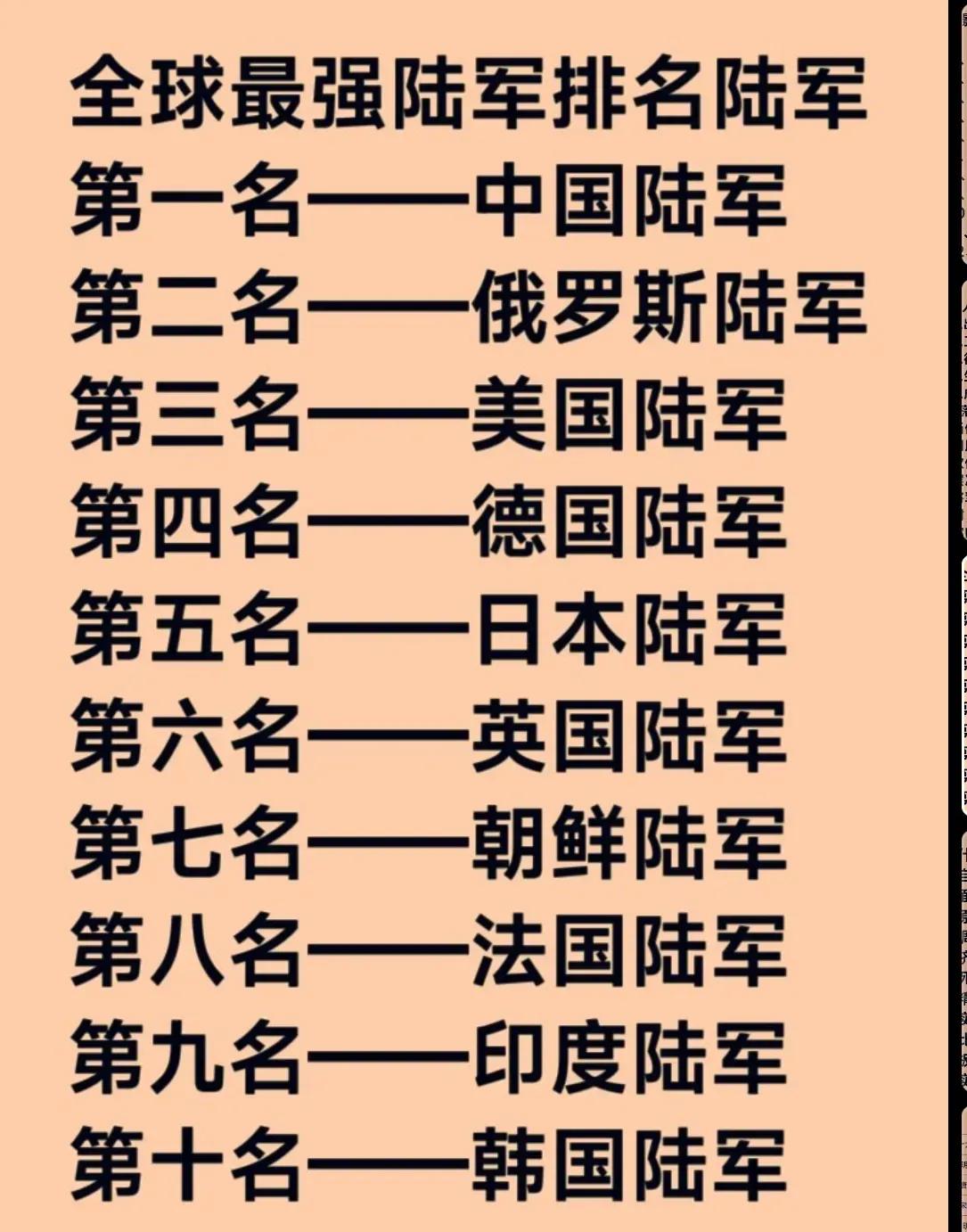 全球最强陆军排名陆军：
第一名——中国陆军
第二名——俄罗斯陆军
第三名——美国