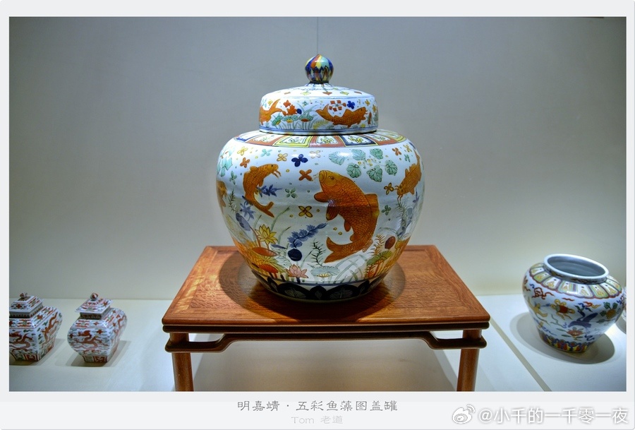 【明嘉靖五彩鱼藻图盖罐】这件是明代嘉靖官窑经典五彩重器，器型饱满敦实，配宝珠形盖