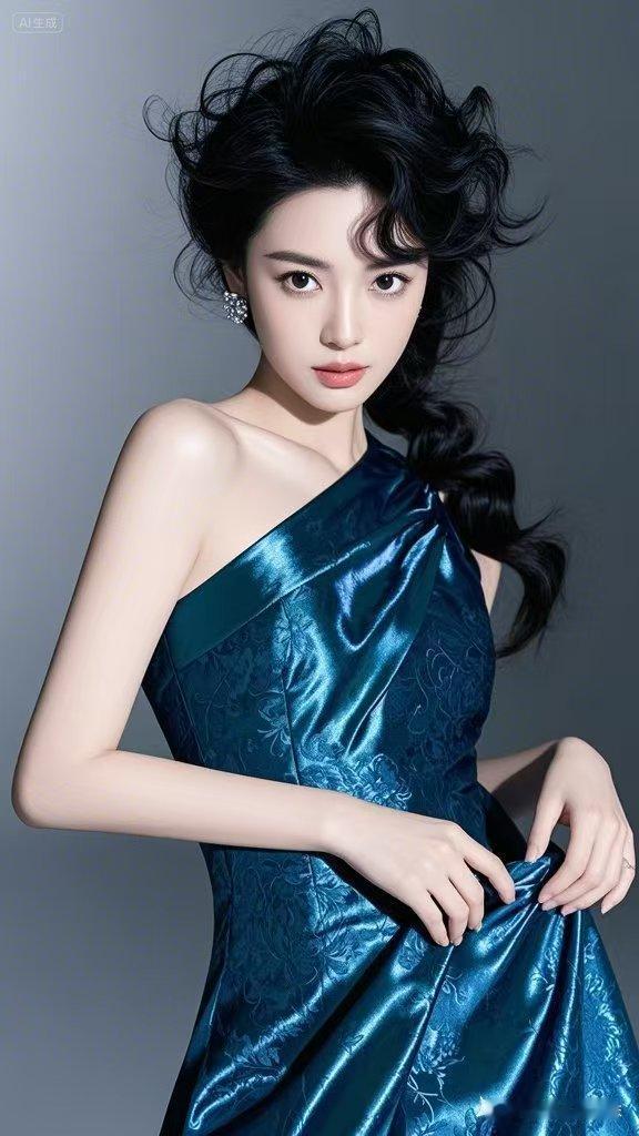 蓝裙如海，卷发飞扬，眼神温柔又带点飒，从容的姿态如诗如画，举手投足间皆是时光雕琢