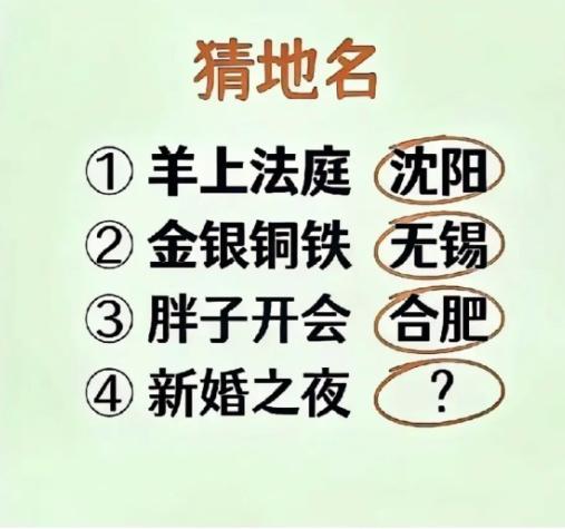 太考验脑洞！趣味地名谜语刷屏圈子，前三条谜面轻轻松松就能作答。
羊上法庭对应沈阳