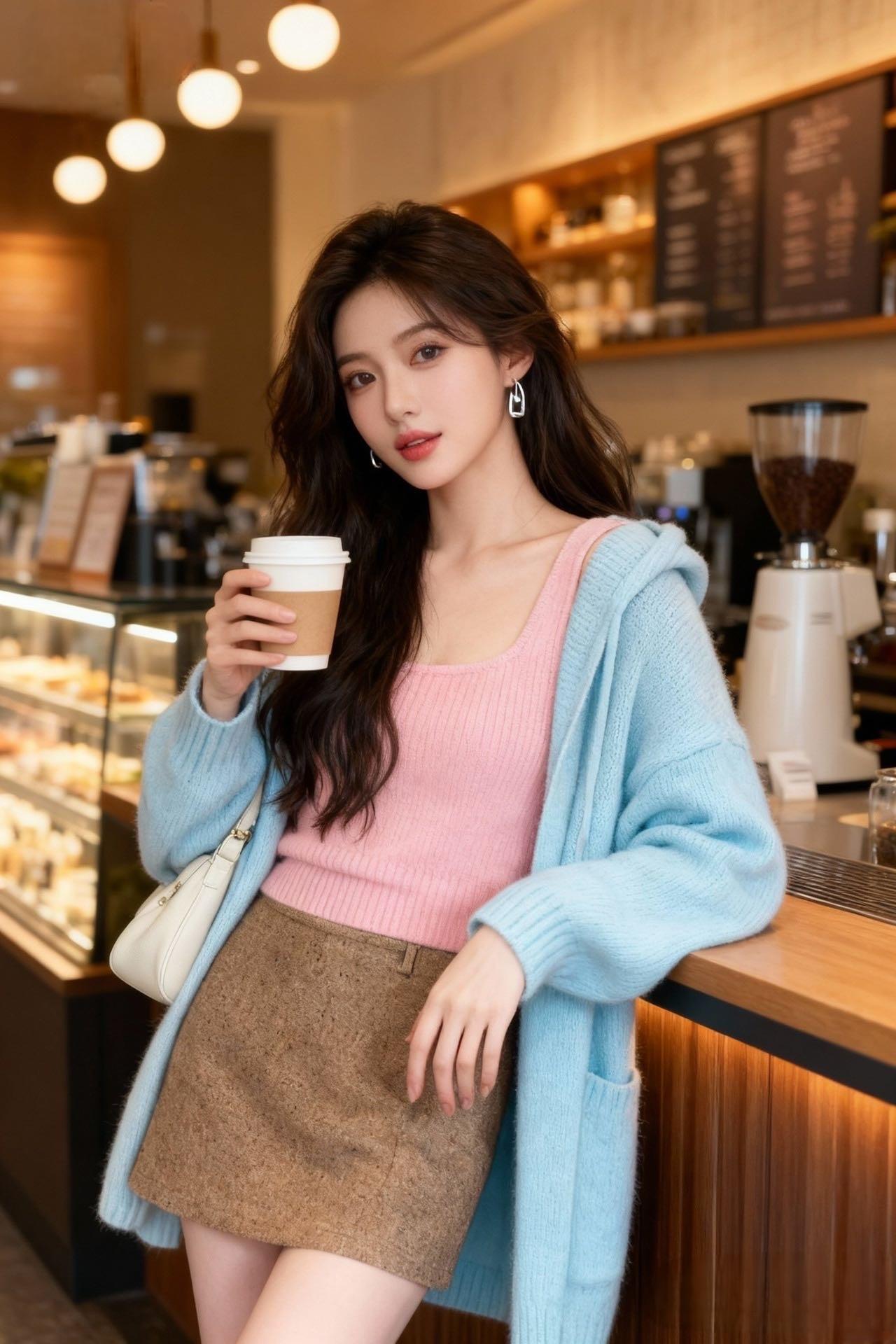 今天的穿搭是被咖啡店暖光偏爱的配色！浅蓝连帽开衫软乎乎的，裹在身上像抱了团云朵~