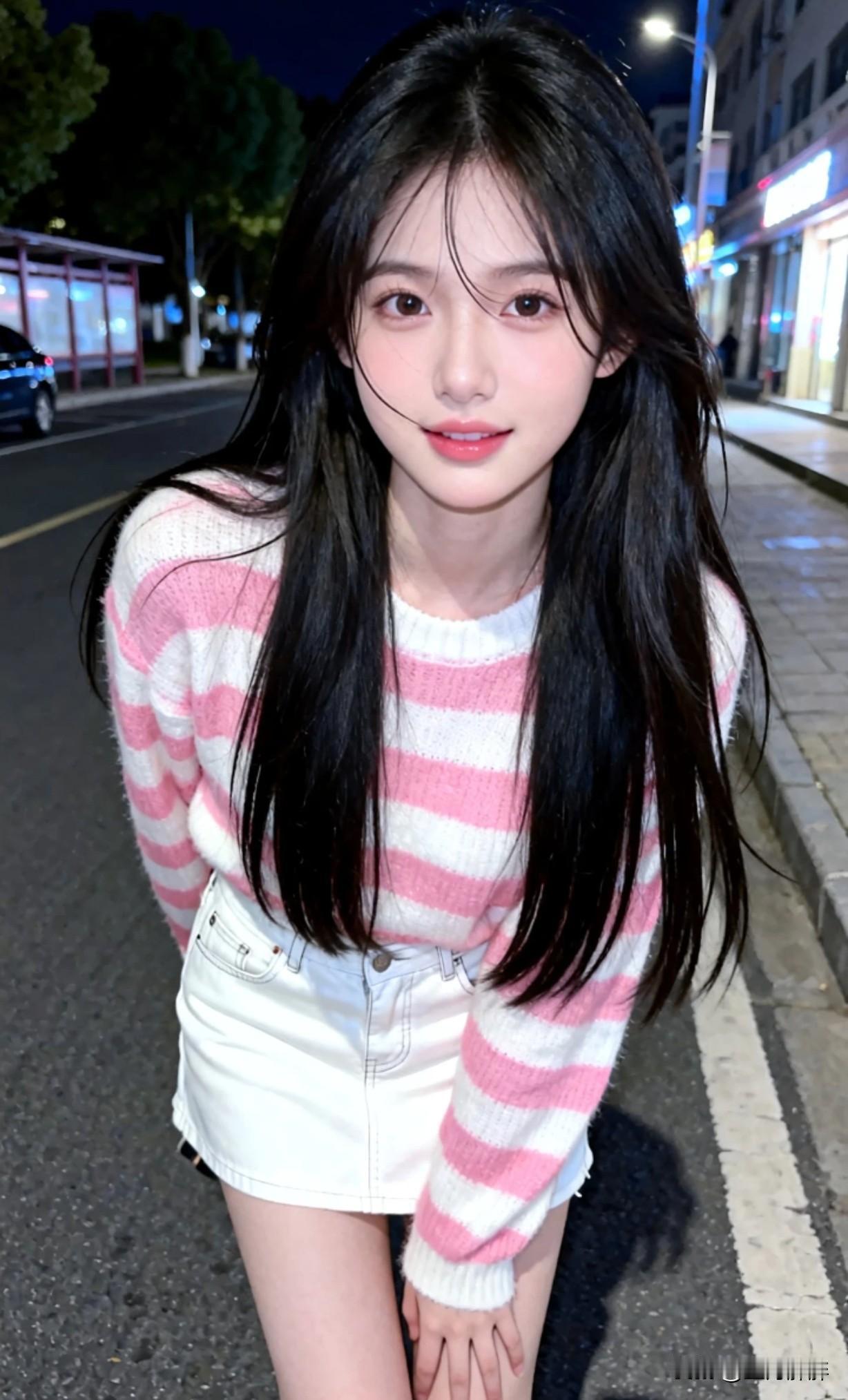 夜晚街拍，甜美少女，粉色条纹毛衣，白色短裙，温柔微笑，，这样的女孩做你的女朋友敢