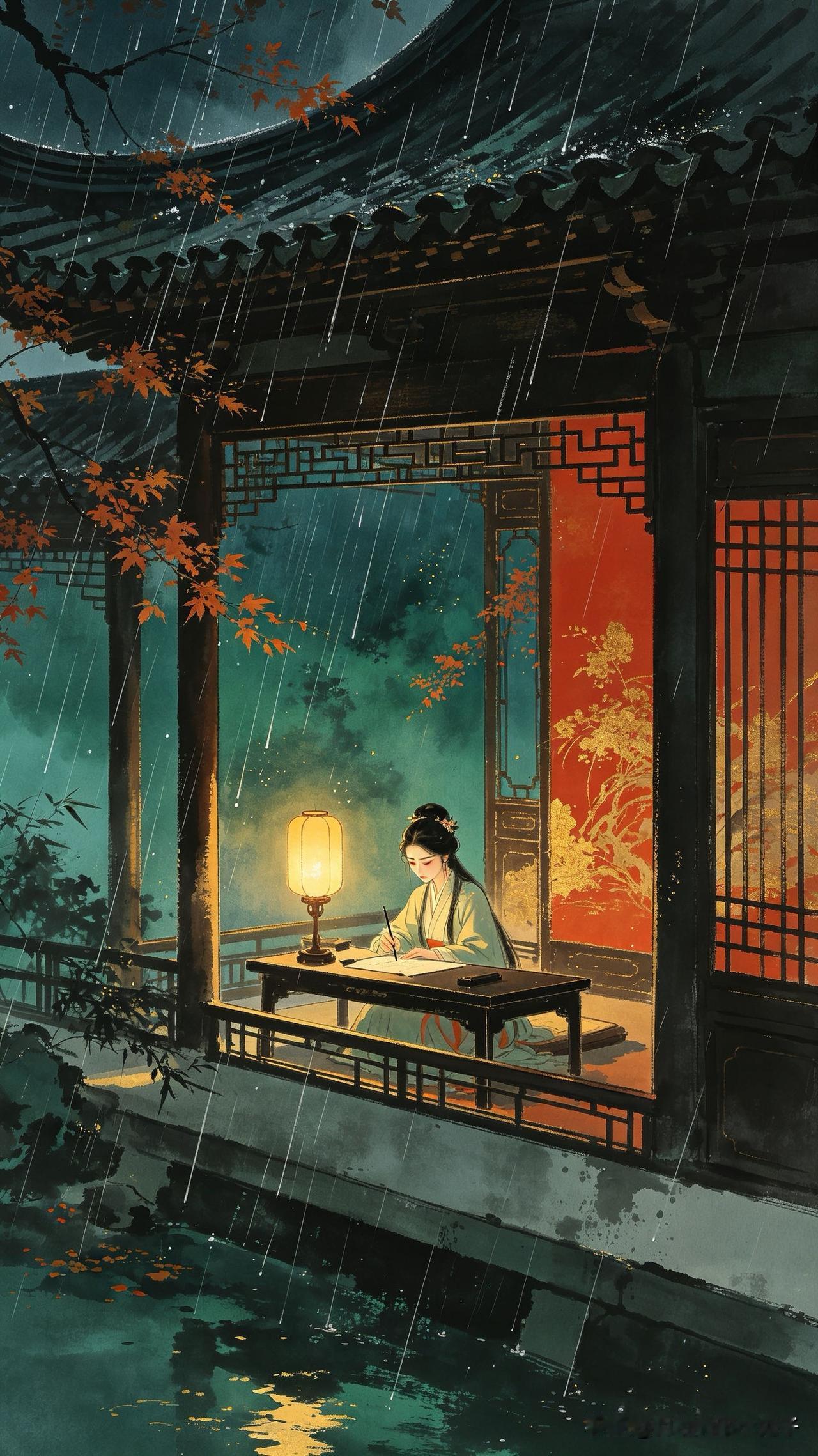 孤馆寒灯夜未央，
愁听秋雨打空廊。
眉间旧事难消遣，
       
…………请