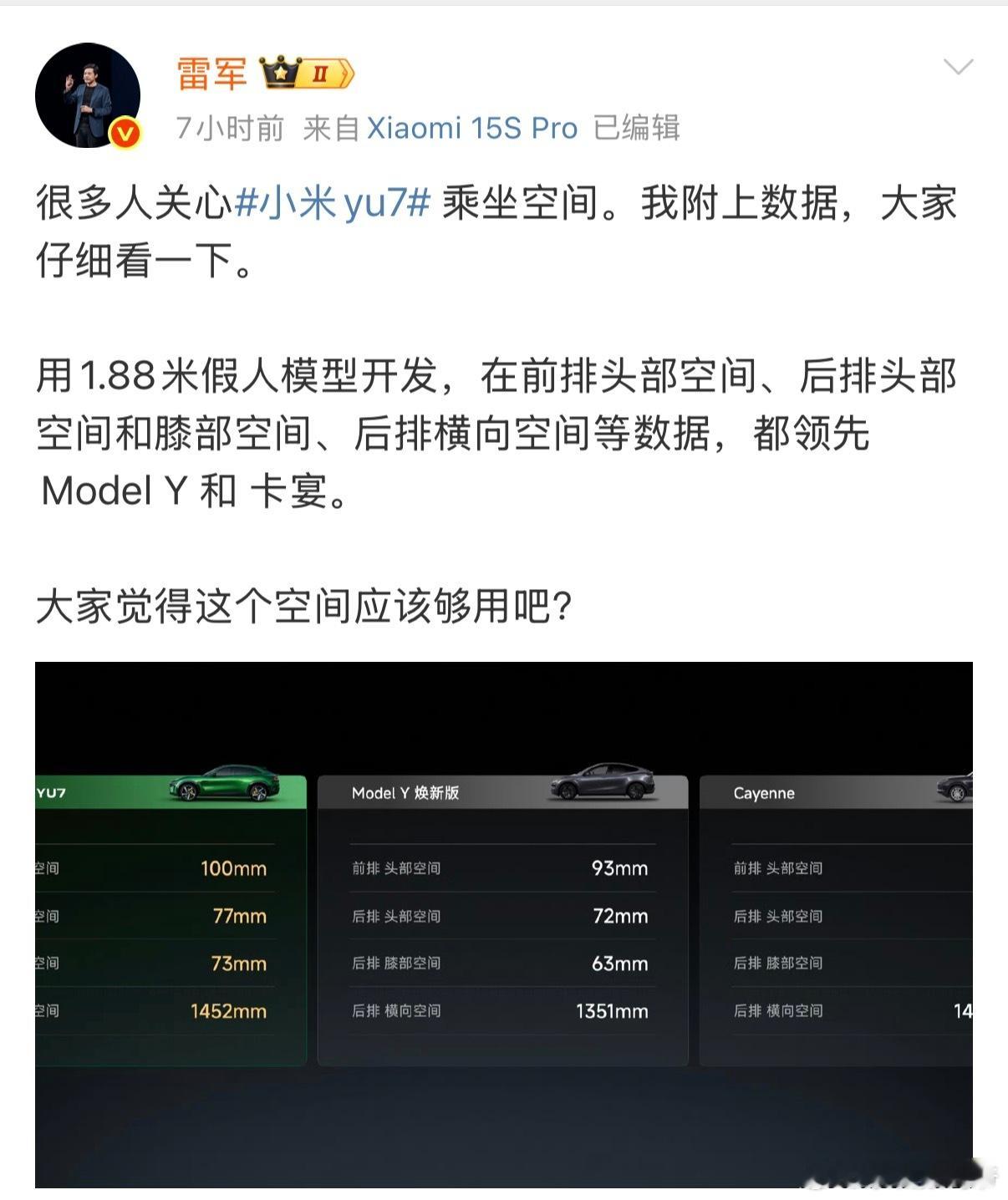 雷军：小米YU7乘坐空间多个指标领先Model Y和卡宴 ​​​