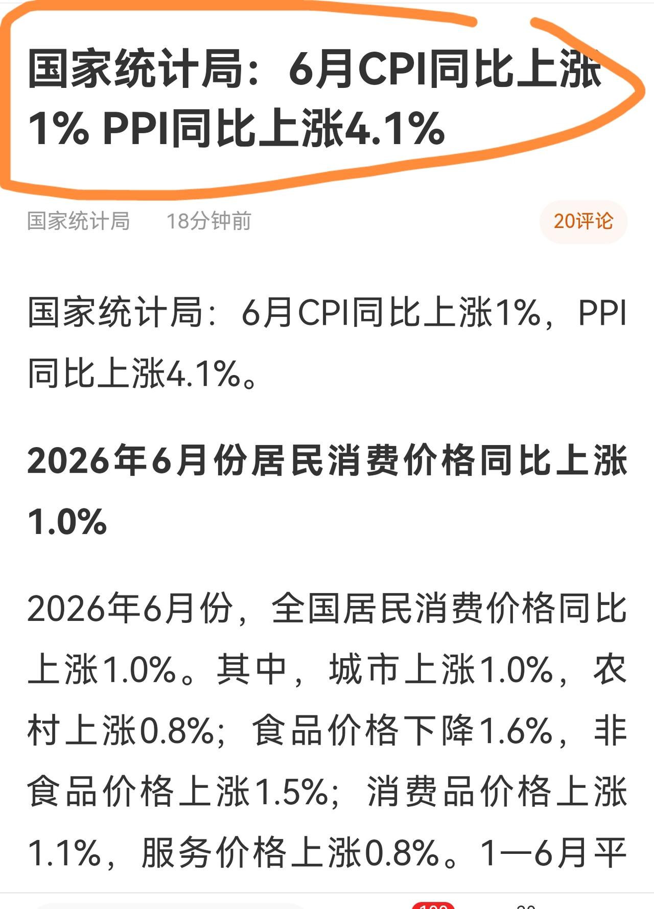 老手说股：（1）
家人们，今天国家公布了6月份的CPI和PPI，而我们普通老百姓