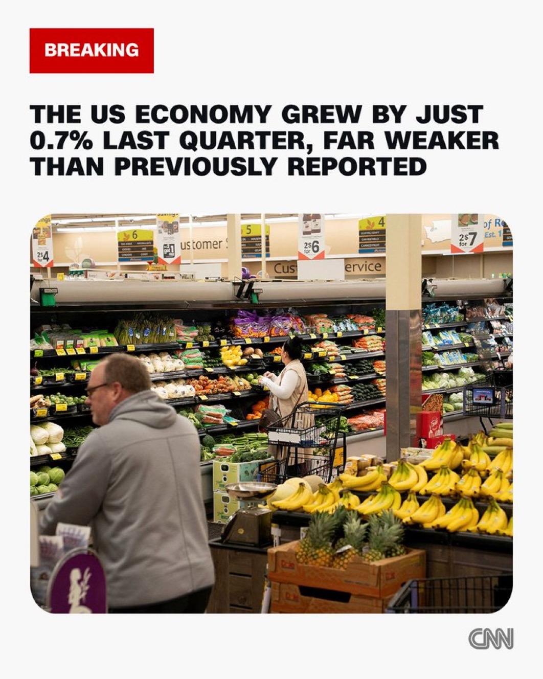 美国经济上季度仅增长0.7%，远低于此前公布的数据（1.4%）。

美国经济增长