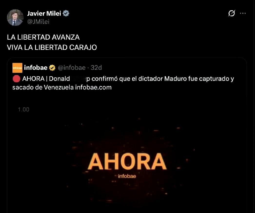 🇦🇷阿根廷总统米莱率先回应马杜罗被抓获，声称自由万岁。 ​​​