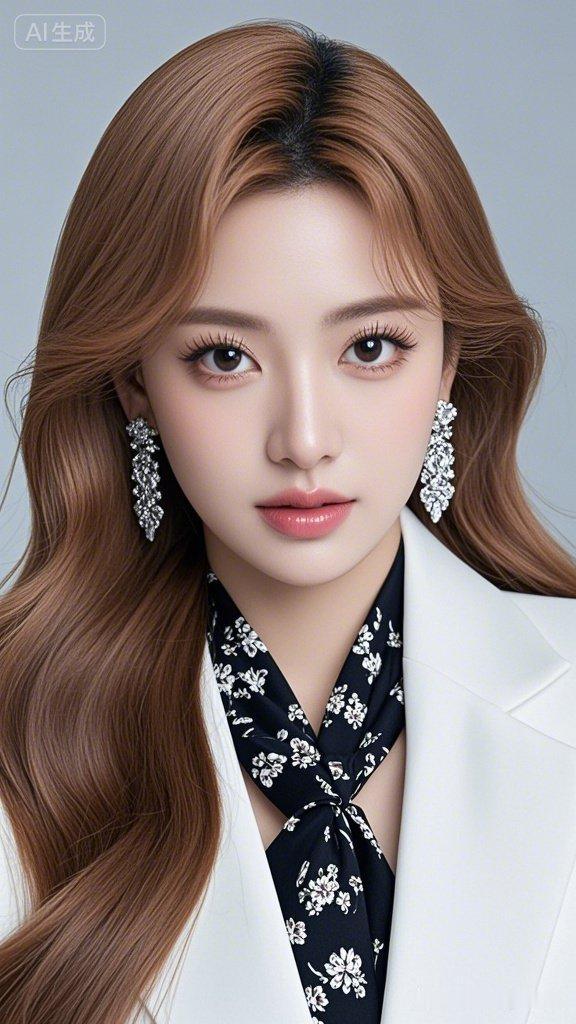 优雅白西装，精致花丝巾，闪耀耳环，完美妆容，气质女神范儿！💄✨👗