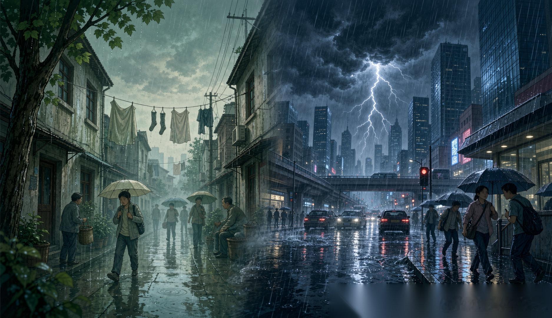 初中那几年我也在上海过梅雨，雨是缠缠绵绵的，空气里全是水汽，晾不干的袜子能挂三天