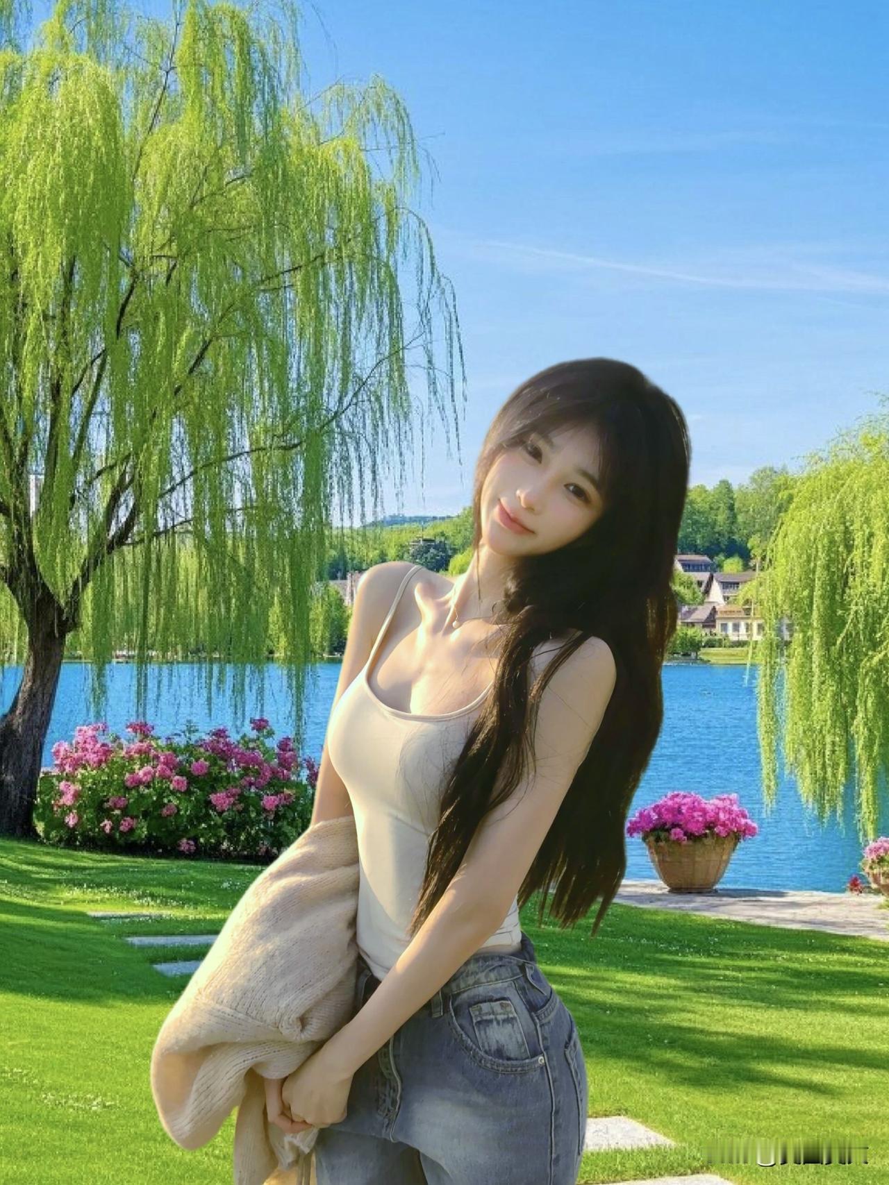 在湖畔的少女，笑靥如花，阳光洒满她的脸庞。