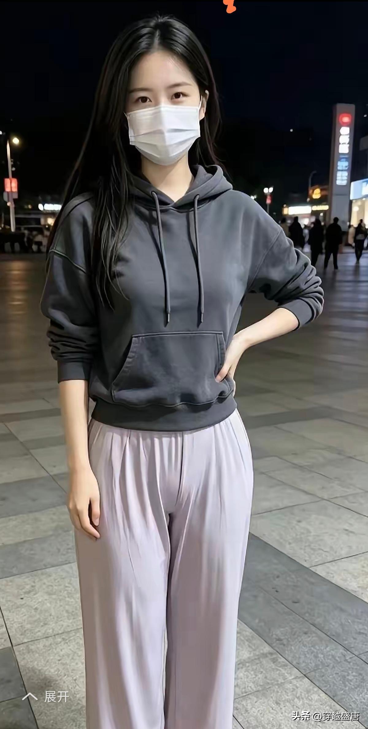 秋日生活打卡季夜色街头，女孩口罩遮面，藏不住一双灵动眼眸。一身简约休闲穿搭，安静