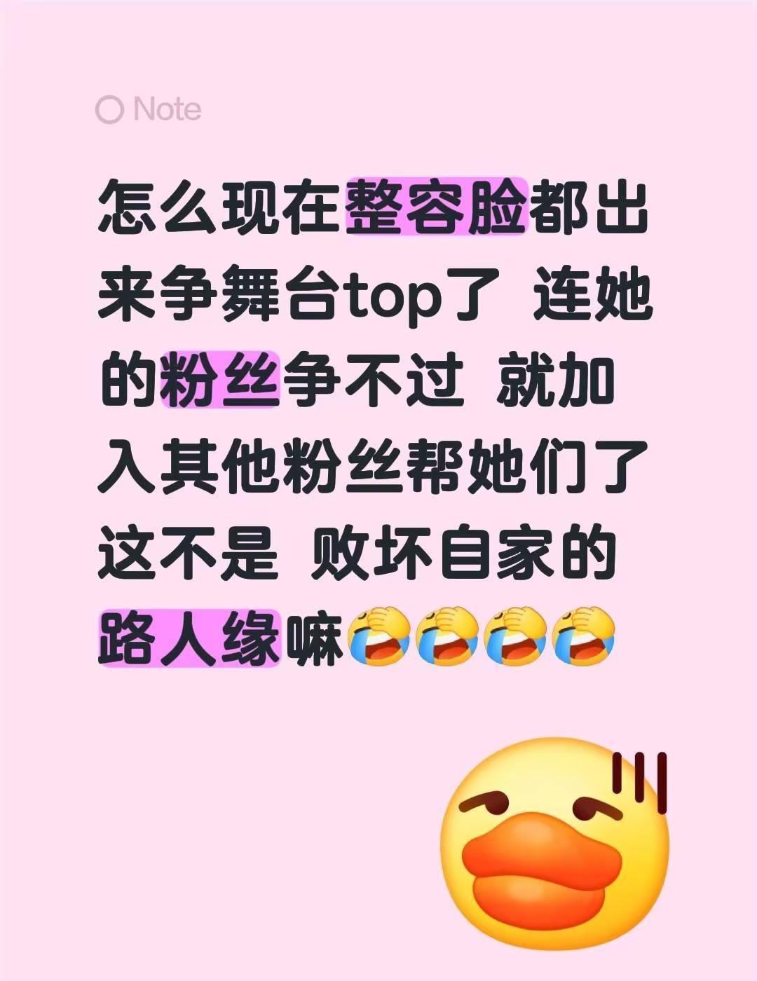 怎么现在整容脸都出来争舞台top了 连她的粉丝争不过 就加入其他粉丝帮她们了 这