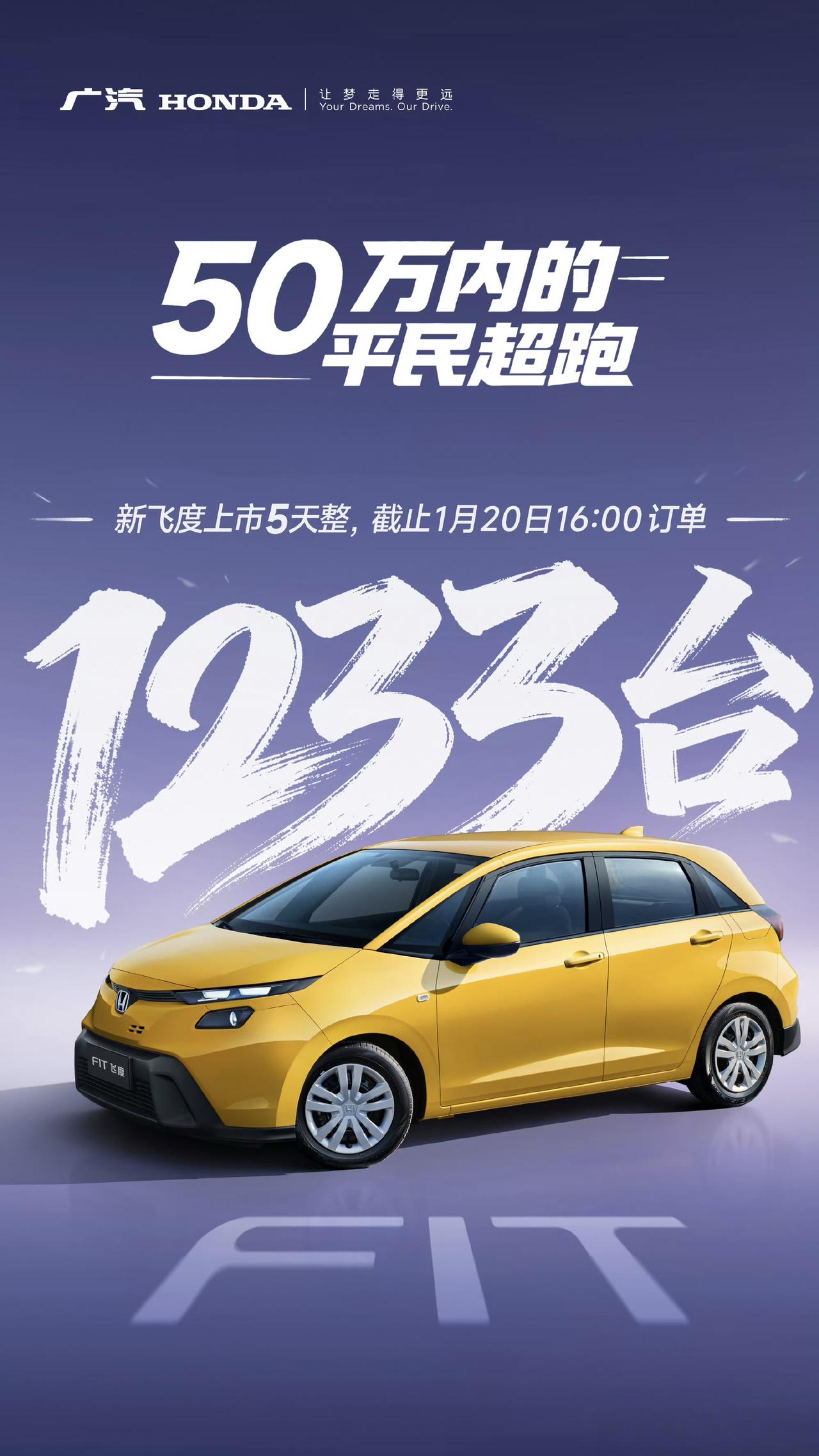 飞度开始玩儿自己的梗了：50万+超跑。
5天订出去1233台，完成2026年销量