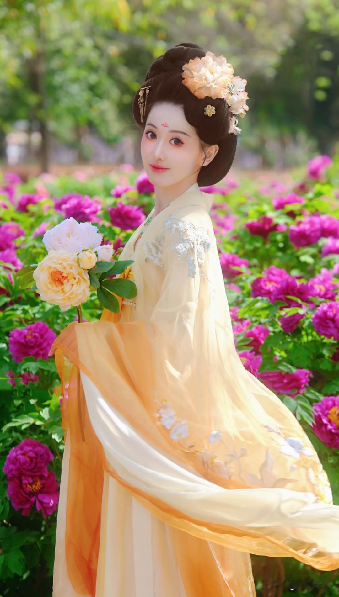 古风美人与花海相映成趣，宛如画中仙子。