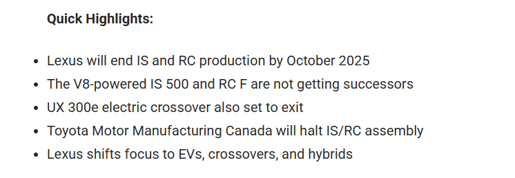 雷车的IS和RC今年10月停产，V8动力停产，UX纯电停产 ​​​
