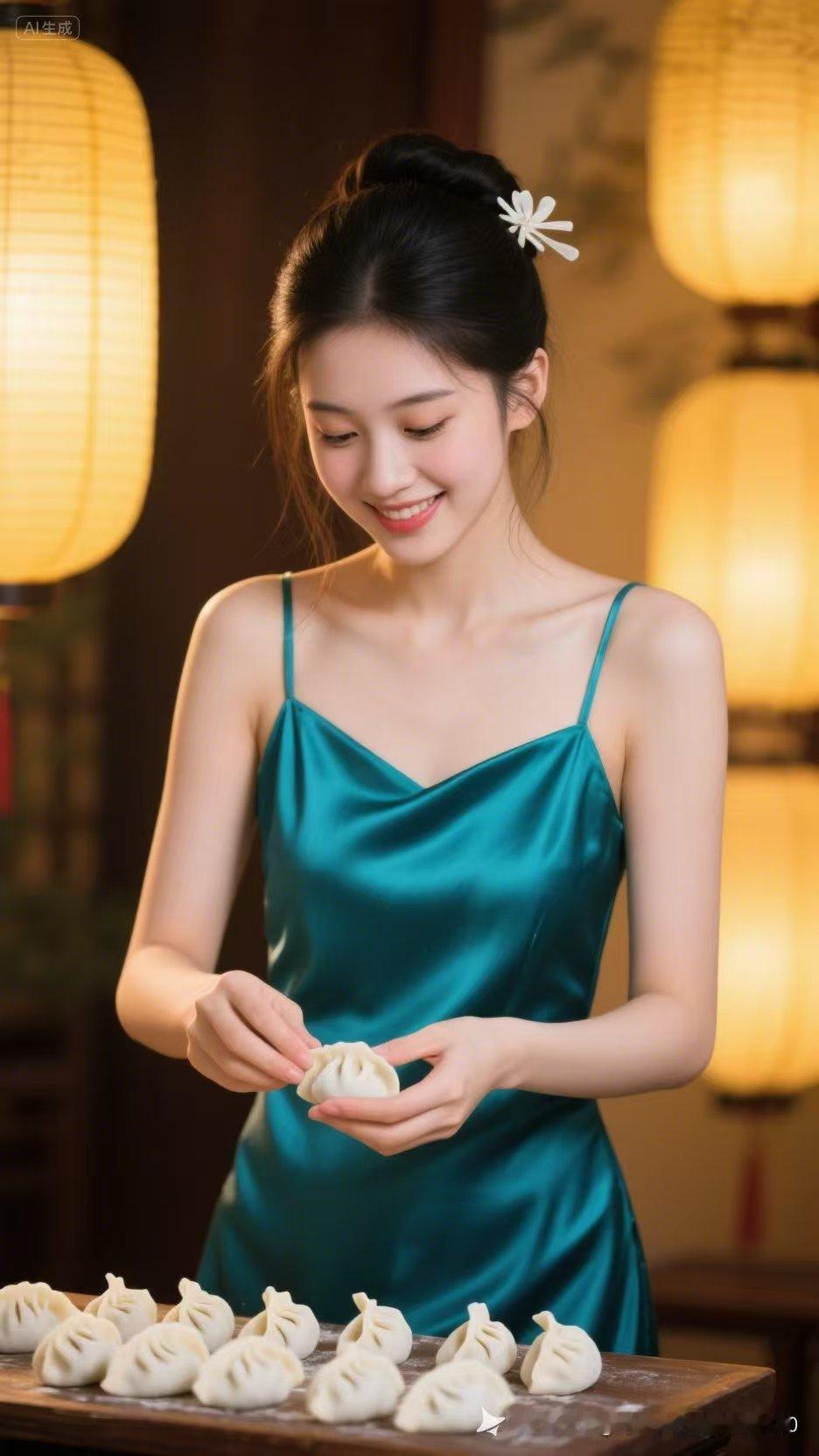 暖光灯下，少女巧手捏饺，笑意盈盈，烟火气里藏着最治愈的温柔时光。