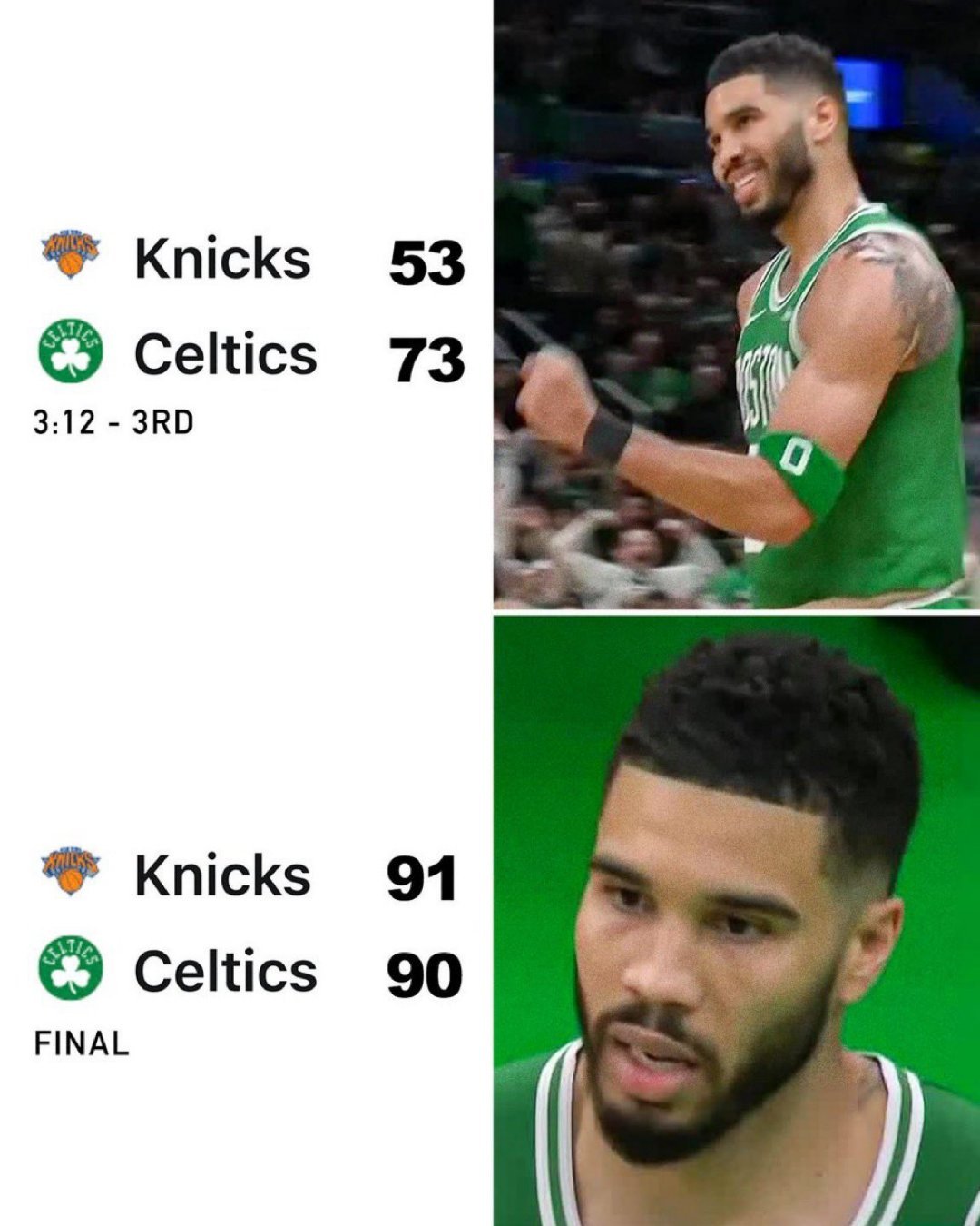 凯尔特人对阵尼克斯两场比赛共计100投25中，创下NBA季后赛前两场投失三分球纪