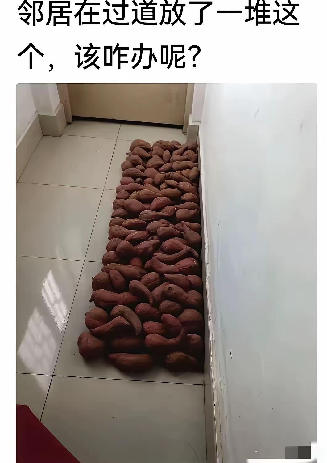 一网友求助，公用的楼道被邻居摆满了买来的地瓜，问大家怎么办？
这种事其实挺普遍的