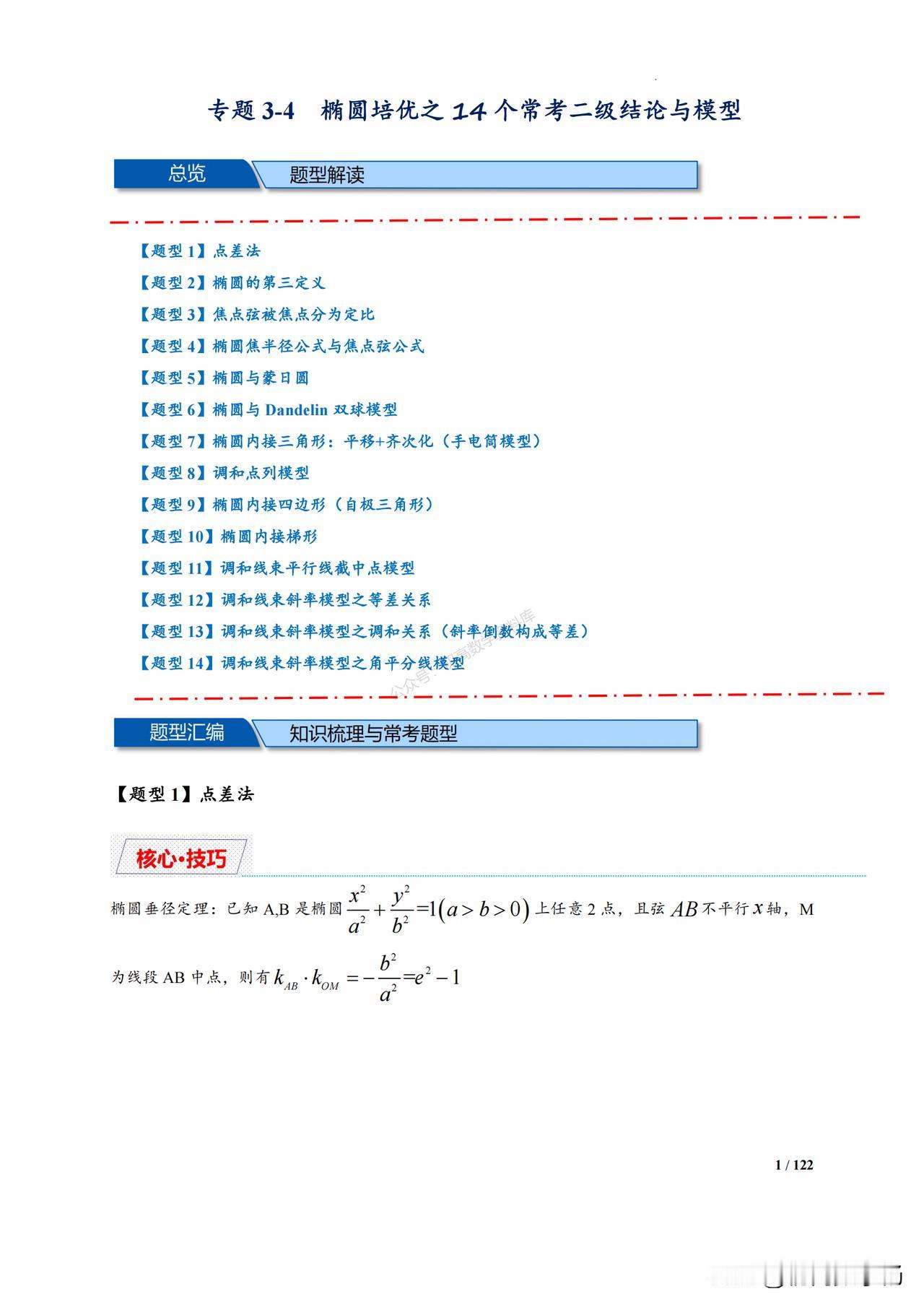 高二数学培优——椭圆中14个常考二级结论汇编
1、点差法
2、椭圆第三定义