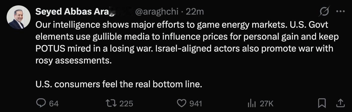 伊朗外长阿巴斯·阿拉格希（Seyed Abbas Araghchi）发布的一条推