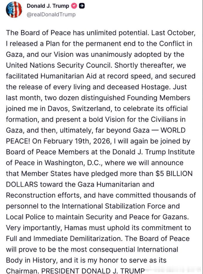 【黄金时代】川普总统宣布各国已承诺向其和平委员会提供50亿美元援助川普：“...