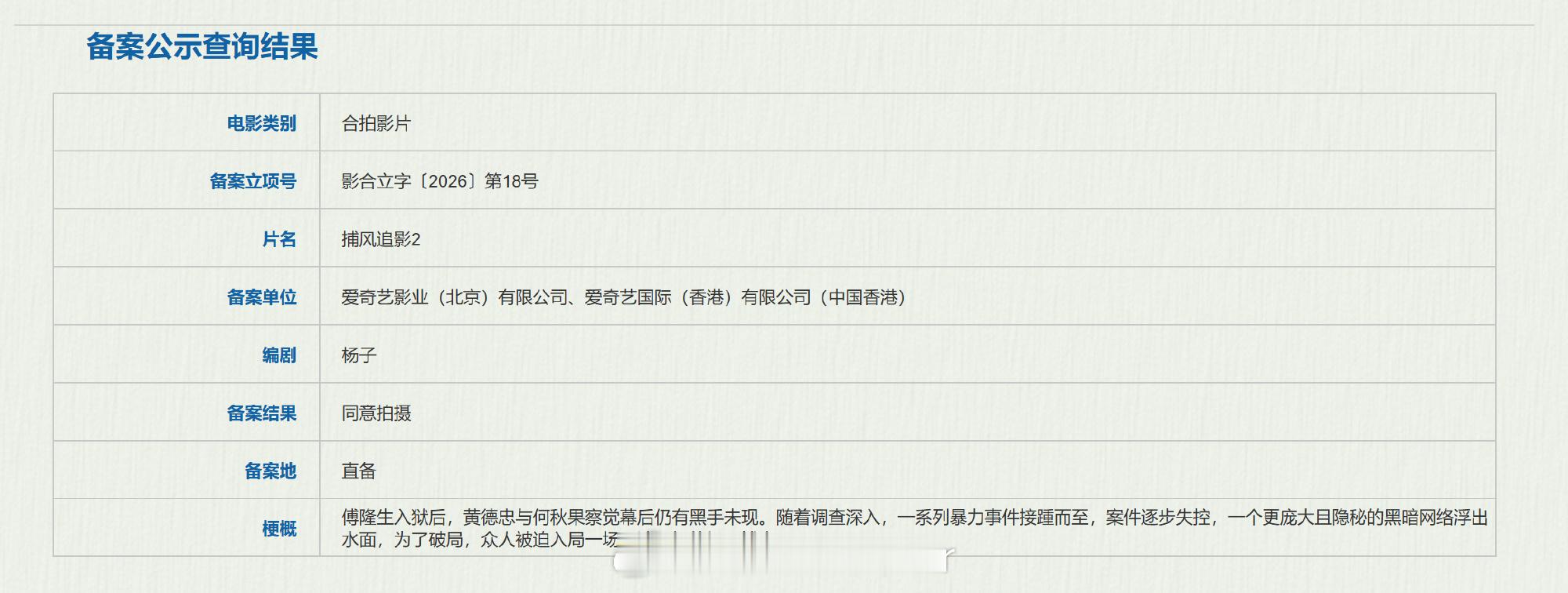 捕风追影2备案 梗概：傅隆生入狱后，黄德忠与何秋果察觉幕后仍有黑手未现。随着调查