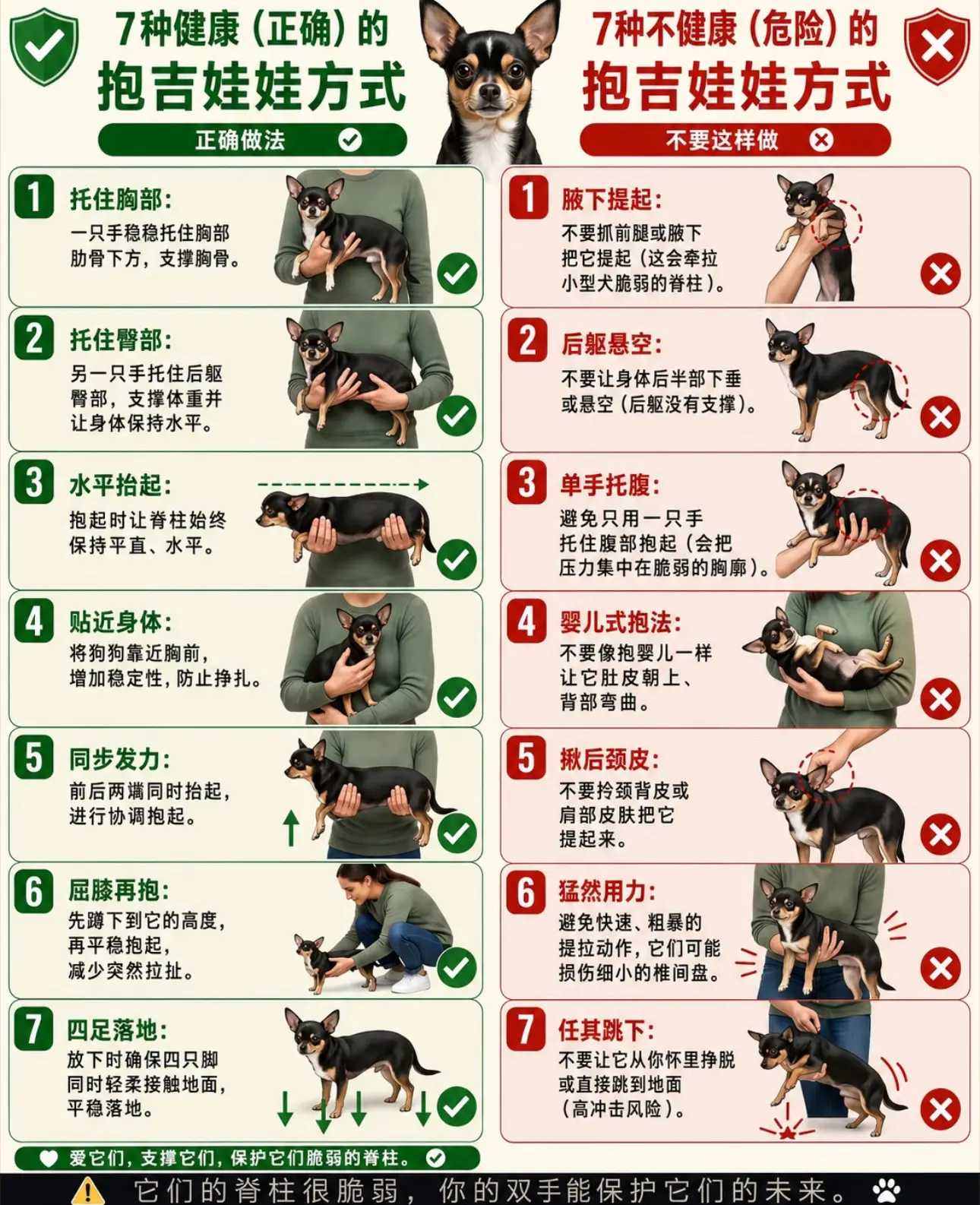 错误抱法会导致长期椎间盘损伤或髌骨脱位。⚠️吉娃娃体型极小，脊柱非常脆...