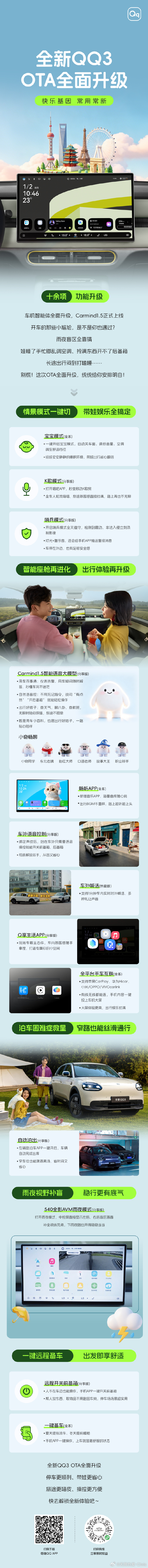 全新QQ3OTA升级全新QQ3 车机持续进化，常用常新！全新 QQ3 重磅 OT