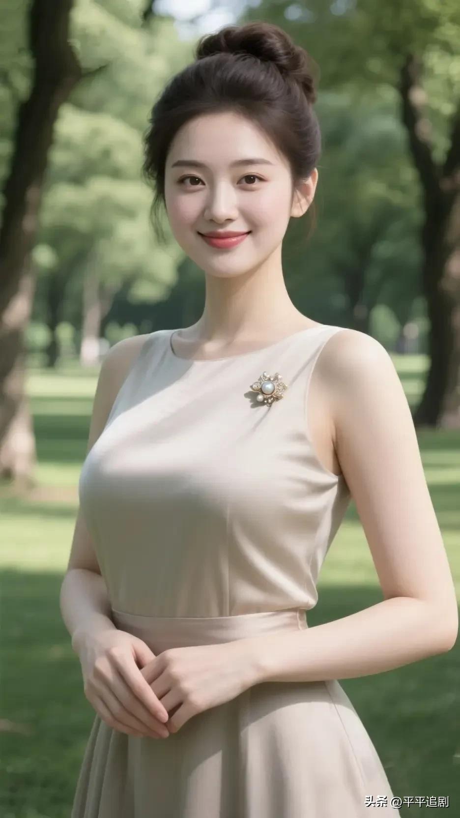 成熟稳重的美女你喜欢吗?
浅杏色裙装裹着温柔，丸子头挽起清爽，在绿意里藏着从容的