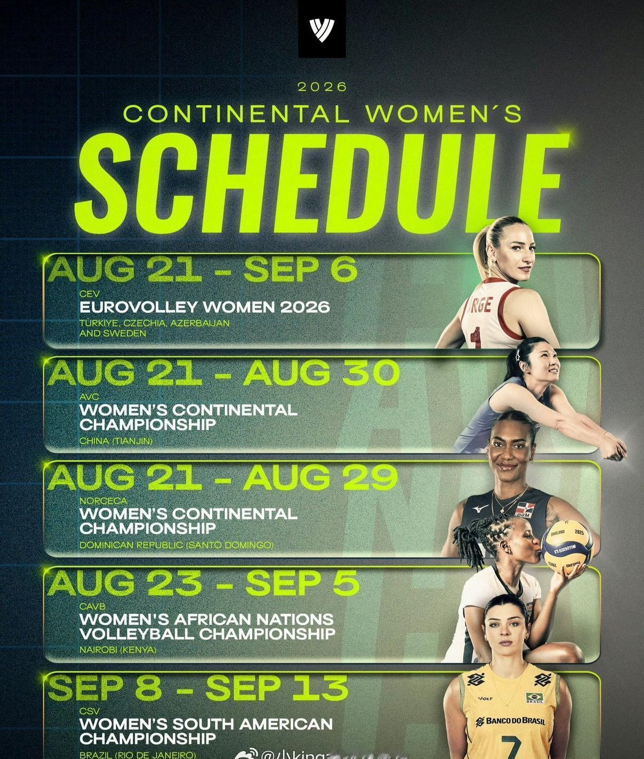 2026年洲际女子排球锦标赛时间

8月21日 - 9月6日
CEV（欧洲排联）