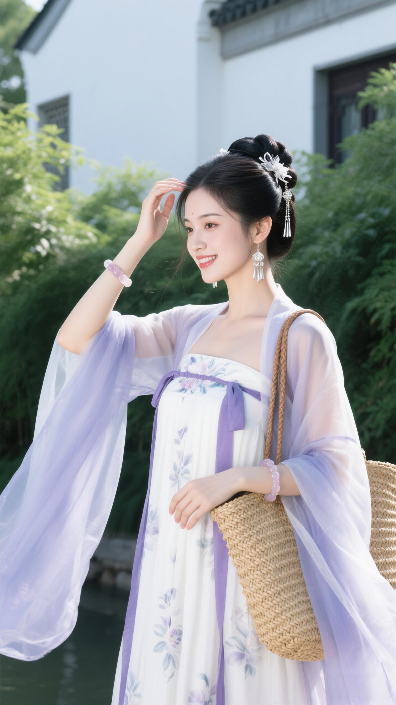 鹧鸪天·园畔雅行
 
罗袂生香立水湾，紫绡轻覆玉光绵。银簪暗锁玲珑韵，草篓明承逸