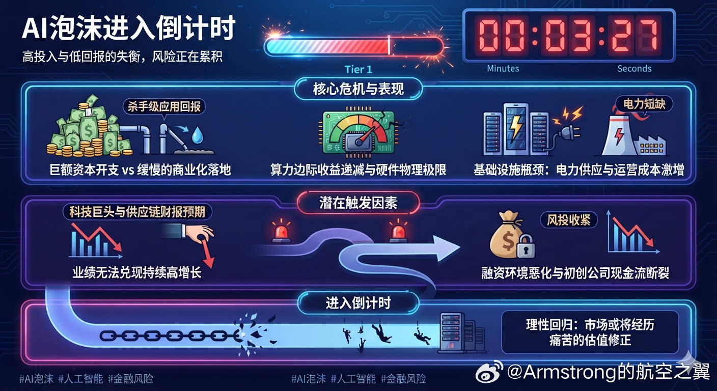 AI泡沫进入倒计时 AI泡沫正在加速进入出清与倒计时阶段。尽管英伟达、微软等巨头