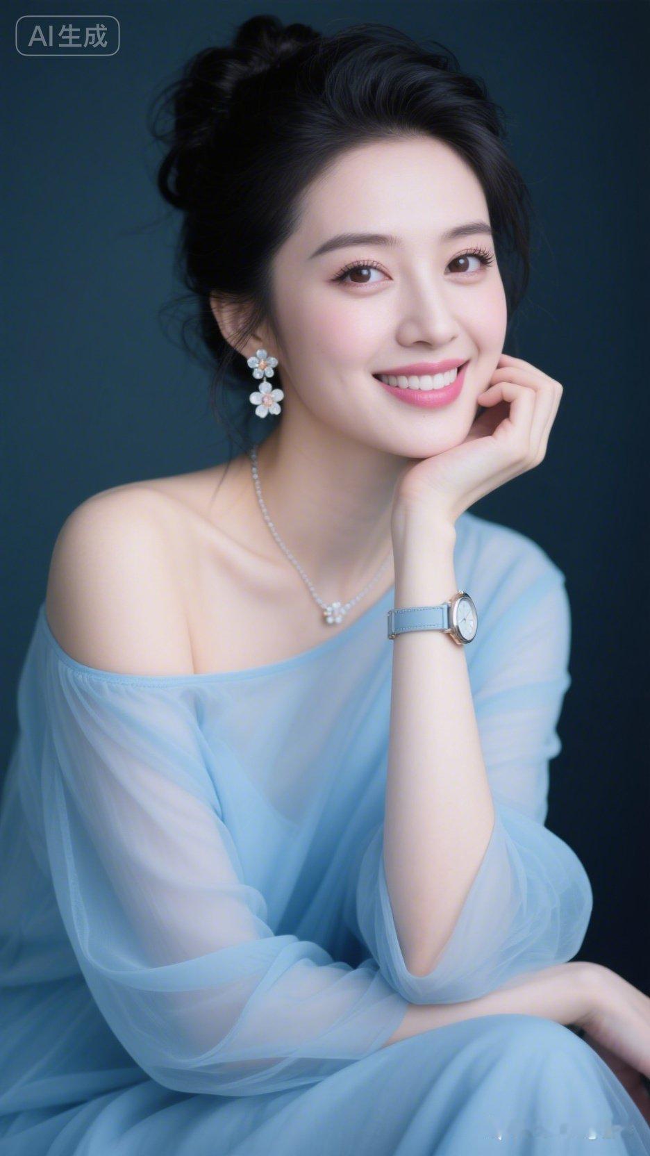 绝色佳人黑发微乱盘起，冷白皮肤白细腻，浓妆亮眼线纤长睫毛粉唇动人，浅蓝露肩纱质上
