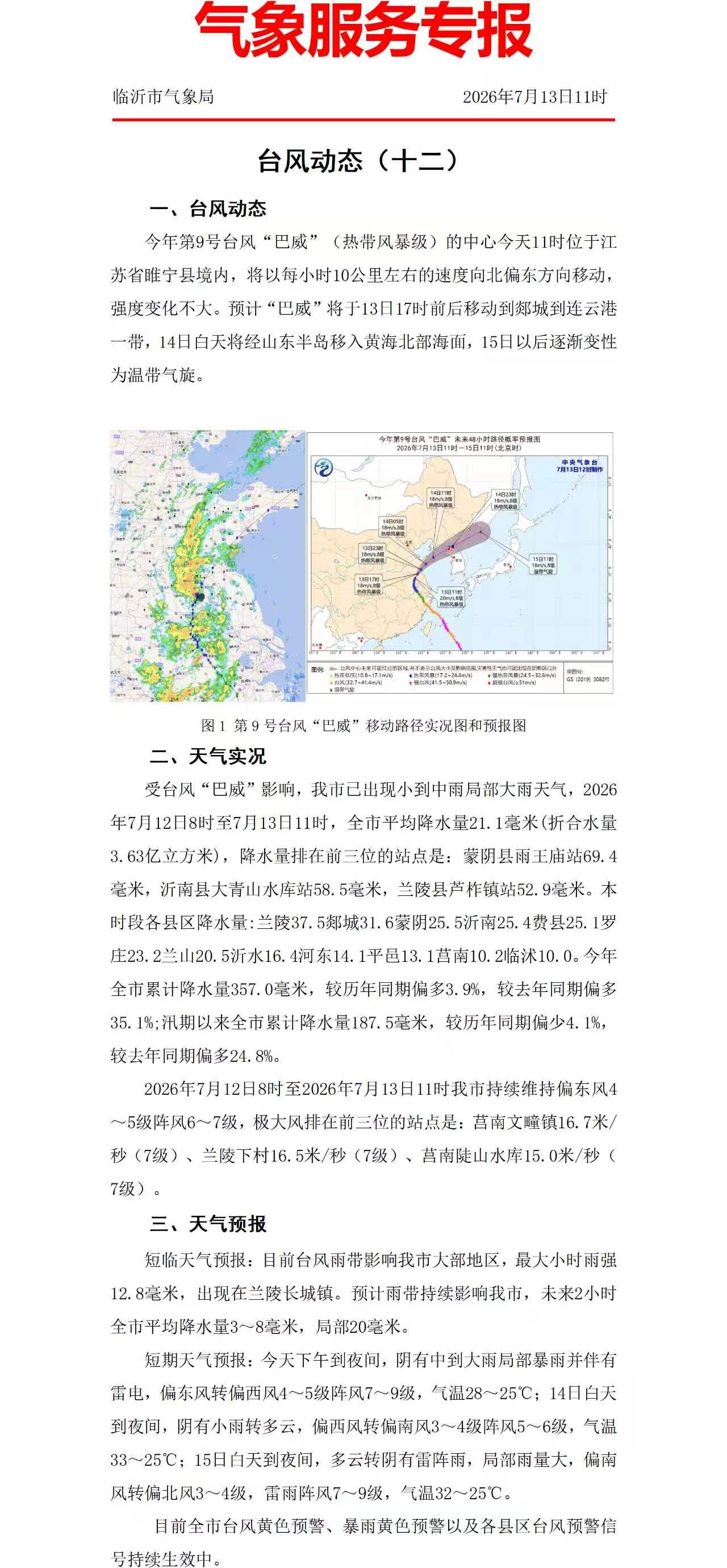 刚刚临沂市气象台的最新消息，巴威跑了。它应该是去找八格了。