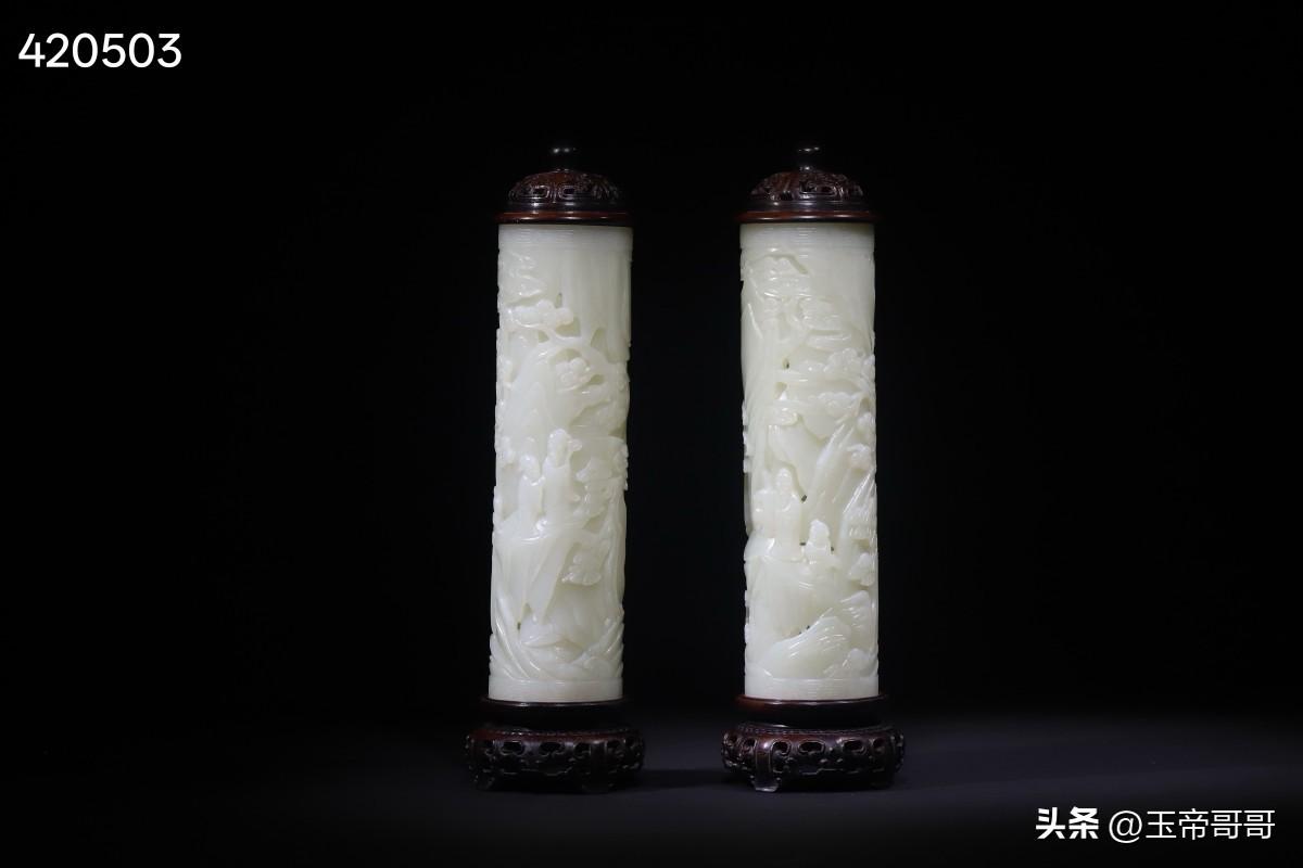 紫檀一级白松下高士玉香筒｜一对
—————————
总高21.8公分 单筒高15