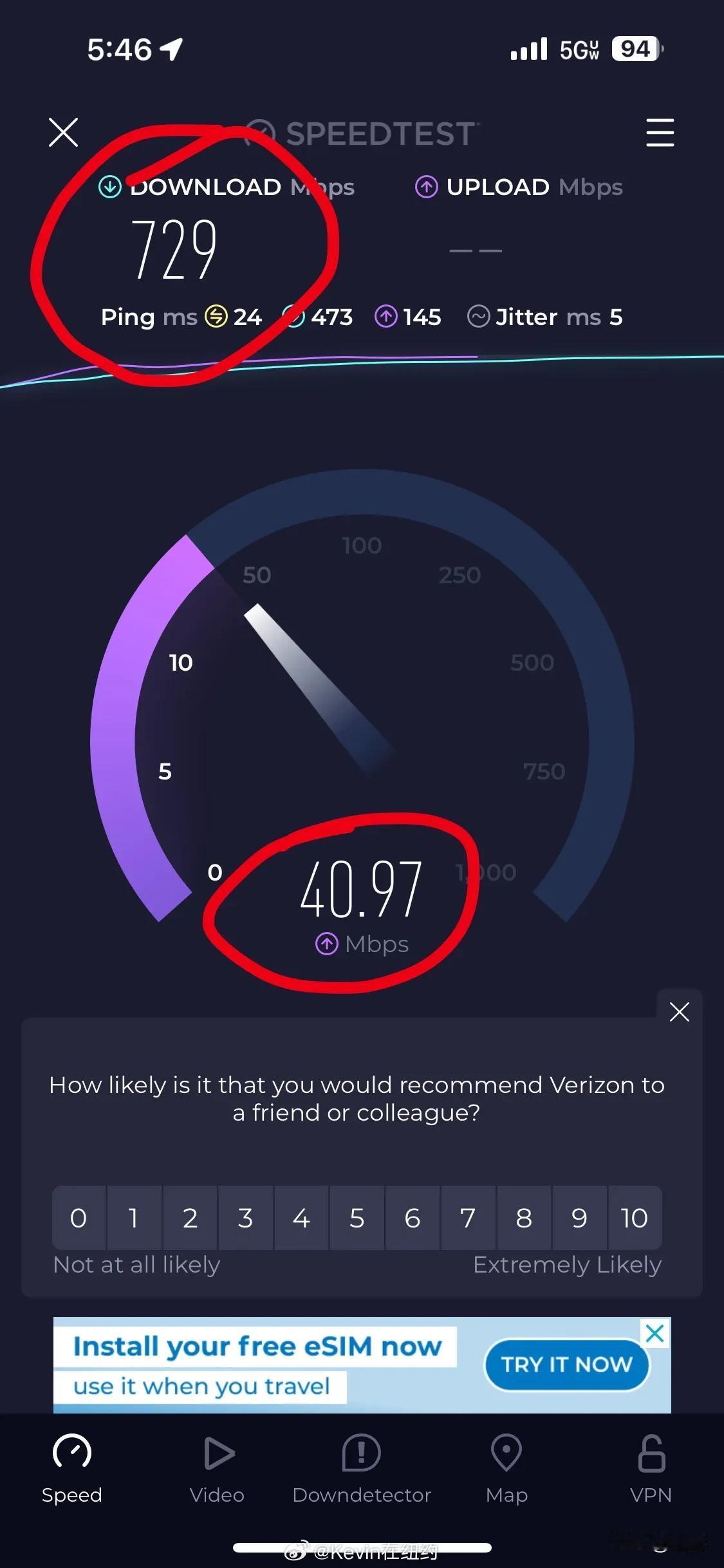美国朋友昨天把手机换到了网络更好的Verizon公司，用Speedtest 测了