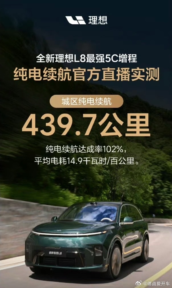理想L8 Ultra，实测城区纯电续航439.7公里，达成率102%。平均电耗1